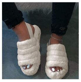 Women Fur Wedge Slippers with Ankle Elastic Band Open Toe Winter Slides Home Slipper Plush Slip-on Fluffy Warm Indoor Slippers Comfortable (Color: beige, size: 40)
