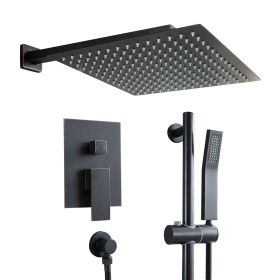 12-inch/10-inch Wall Mount Square Stainless Steel High Pressure Rainfall Shower Head with Handheld Spray Combo, 360 Degree Adjustable Slide Bar (Shower head size: 12 inch, Color: Oil Rubber Bronze)