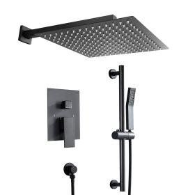 12-inch/10-inch Wall Mount Square Stainless Steel High Pressure Rainfall Shower Head with Handheld Spray Combo, 360 Degree Adjustable Slide Bar (Shower head size: 12 inch, Color: Matte black)